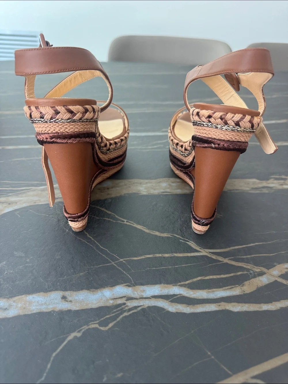 Christian Louboutin Brown Leather Braided Platform Wedge Sandals